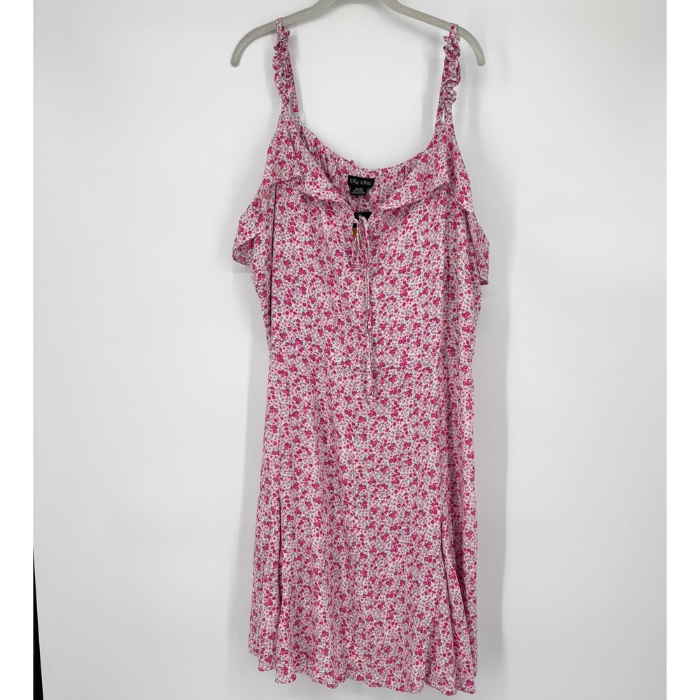 NWT City Chic Pink Foolish Ditsy Floral Ruffle Strap Tie Front Dress sz 24W - Picture 2 of 12